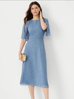 Ann Taylor Spotted Flutter Sleeve Midi Dress
